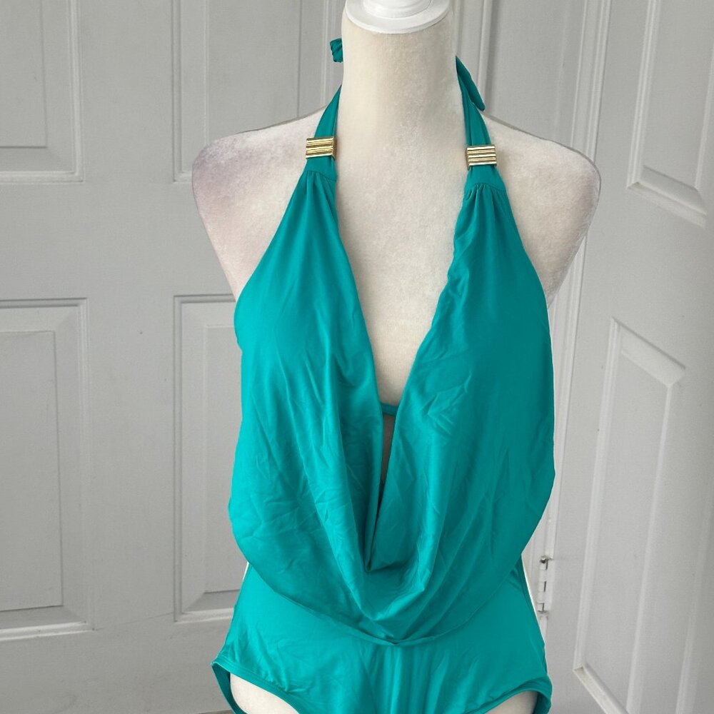 Bar III Turquoise Cutout Monokini Swimsuit M Gold Hardware Halter Cowl Neck
